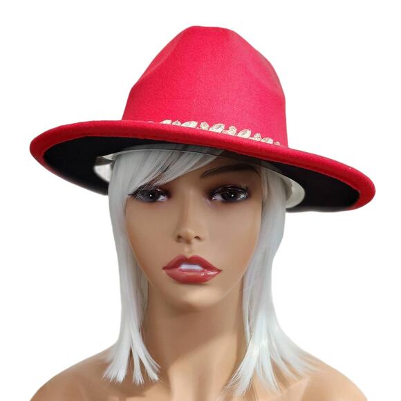 Fedora Hat Red & Black with Rhinestone Feathered Band Brand New - Picture 2 of 5
